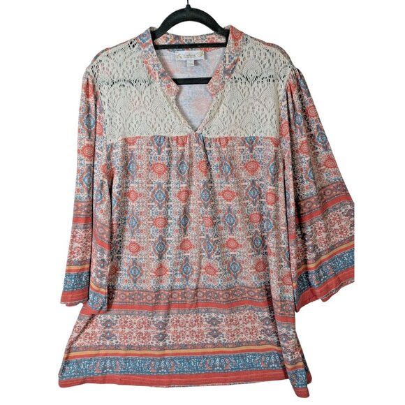 Weekend Suzanne Betro Women Plus 1X Feminine Stretch Lace Peach Cream Top Boho - Picture 1 of 9